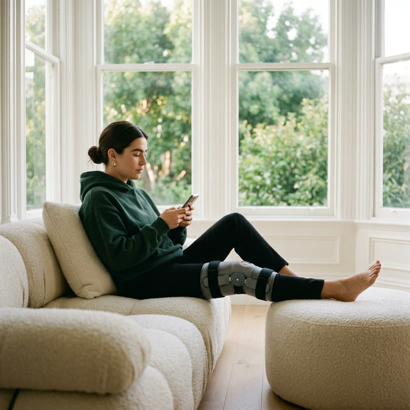 A woman with a knee brace on a sofa, typing on her phone
