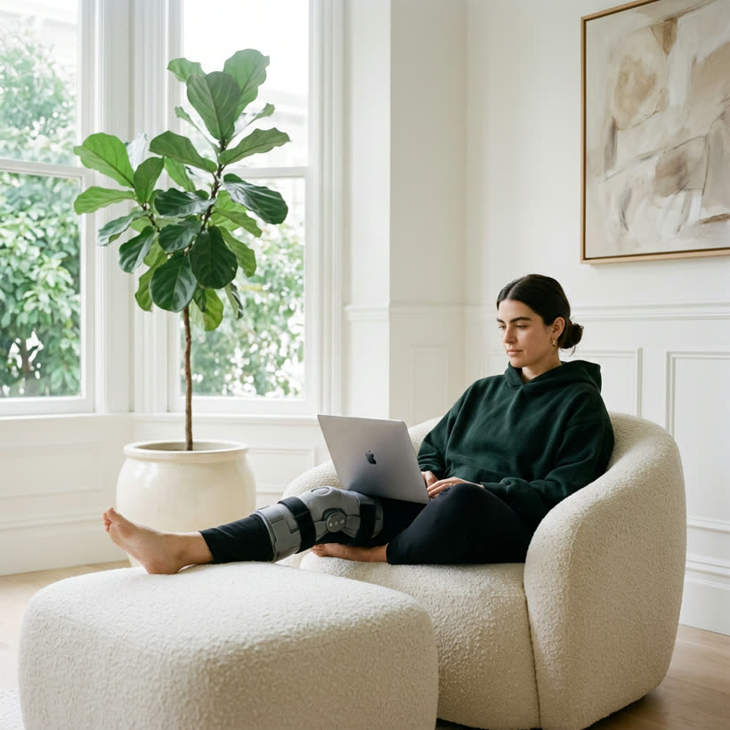The same woman on a sofa with a laptop