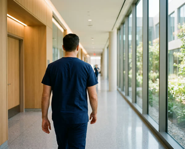 A doctor walking down a clinic corridor