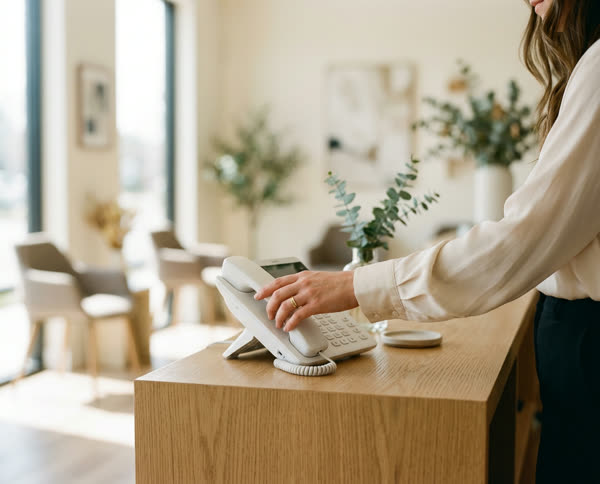A front desk with a phone