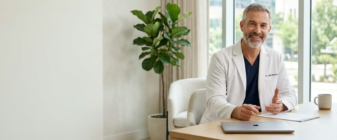 A smiling surgeon at a desk in a bright office