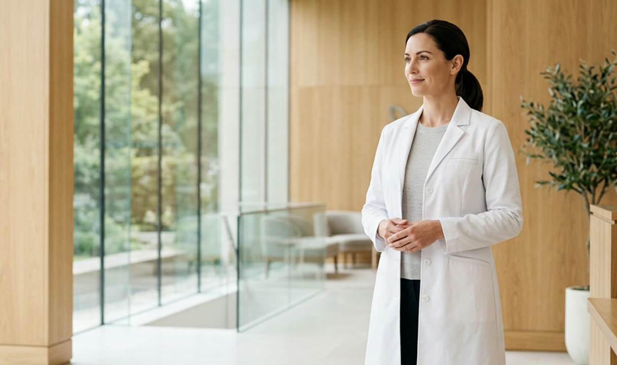 A physician in a white coat in a bright clinic lobby